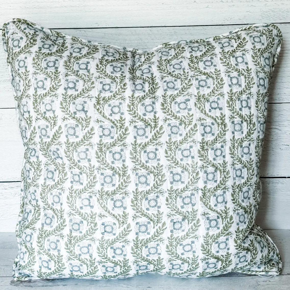 Villa Vaux Grand in Gray and Green Quilted Pillow