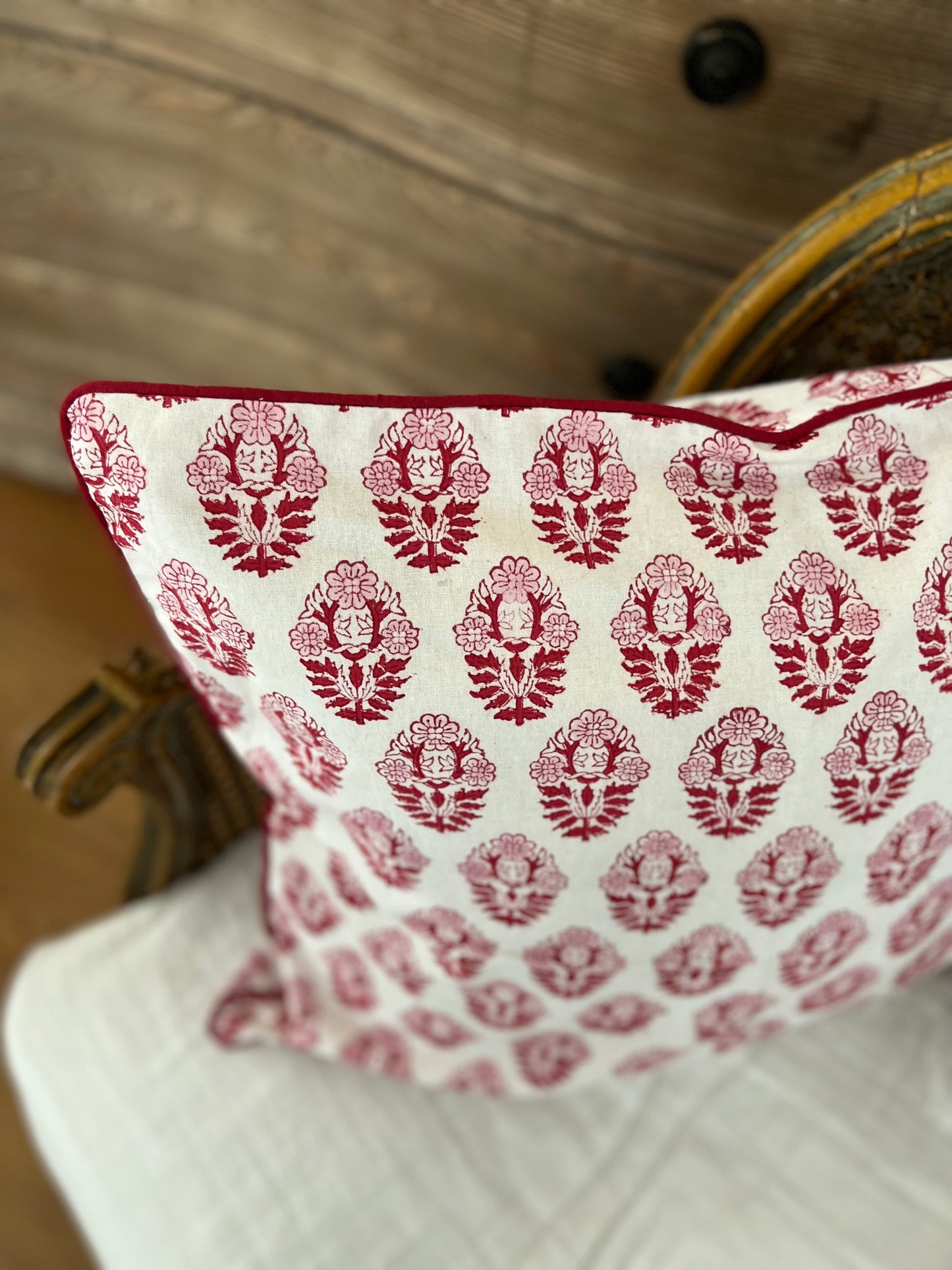 Cape Cod Red Floral Pillow with Piping