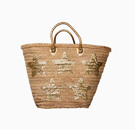 Handwoven Straw Tote Bag with Gold Star Accents