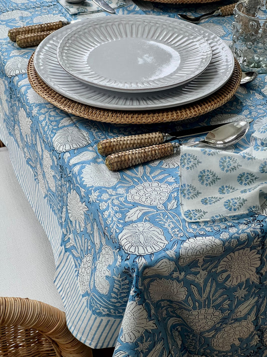 Harwich Blue Floral Block Print Tablecloth (Large)