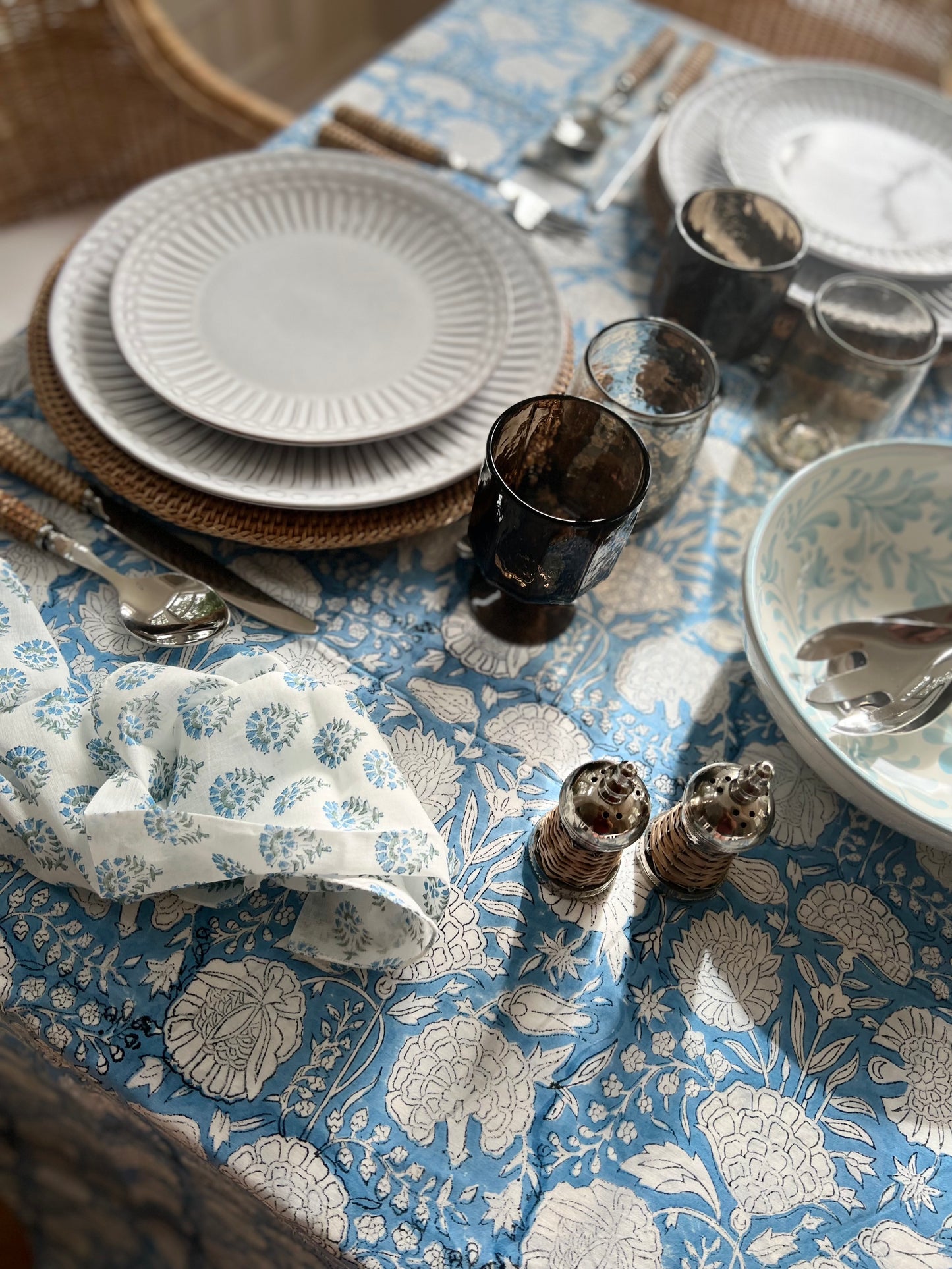 Harwich Blue Floral Block Print Tablecloth (Large)