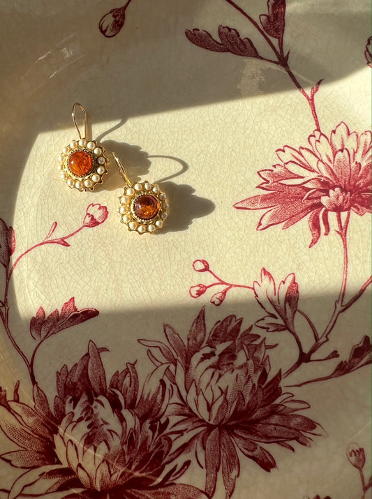 Small Button Stone Amber Earrings