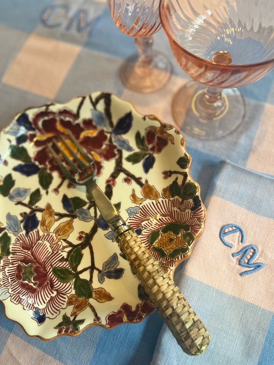 Checkered Monogrammed Second Hand Tablecloth with Napkins