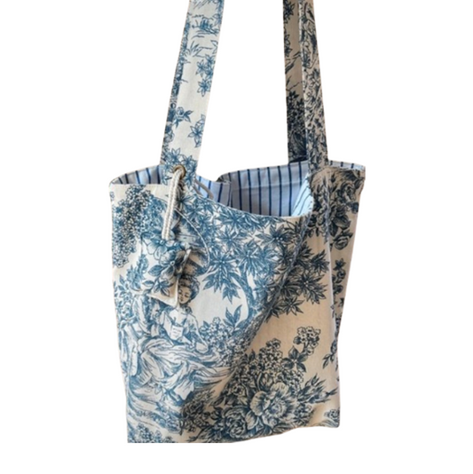 Small Blue and White French Toile de Jouy Tote Bag