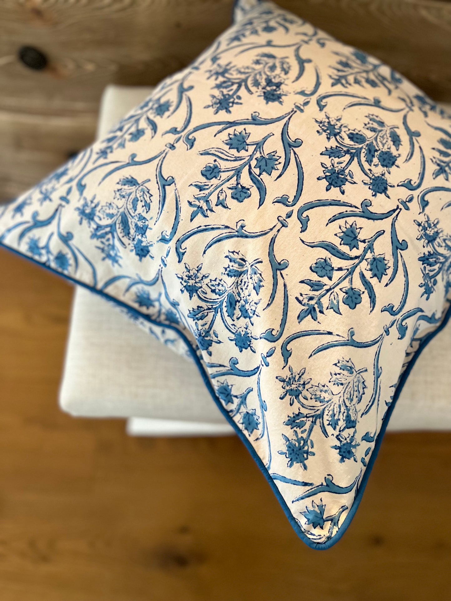 Cape Cod Blue Floral Pillow with Piping