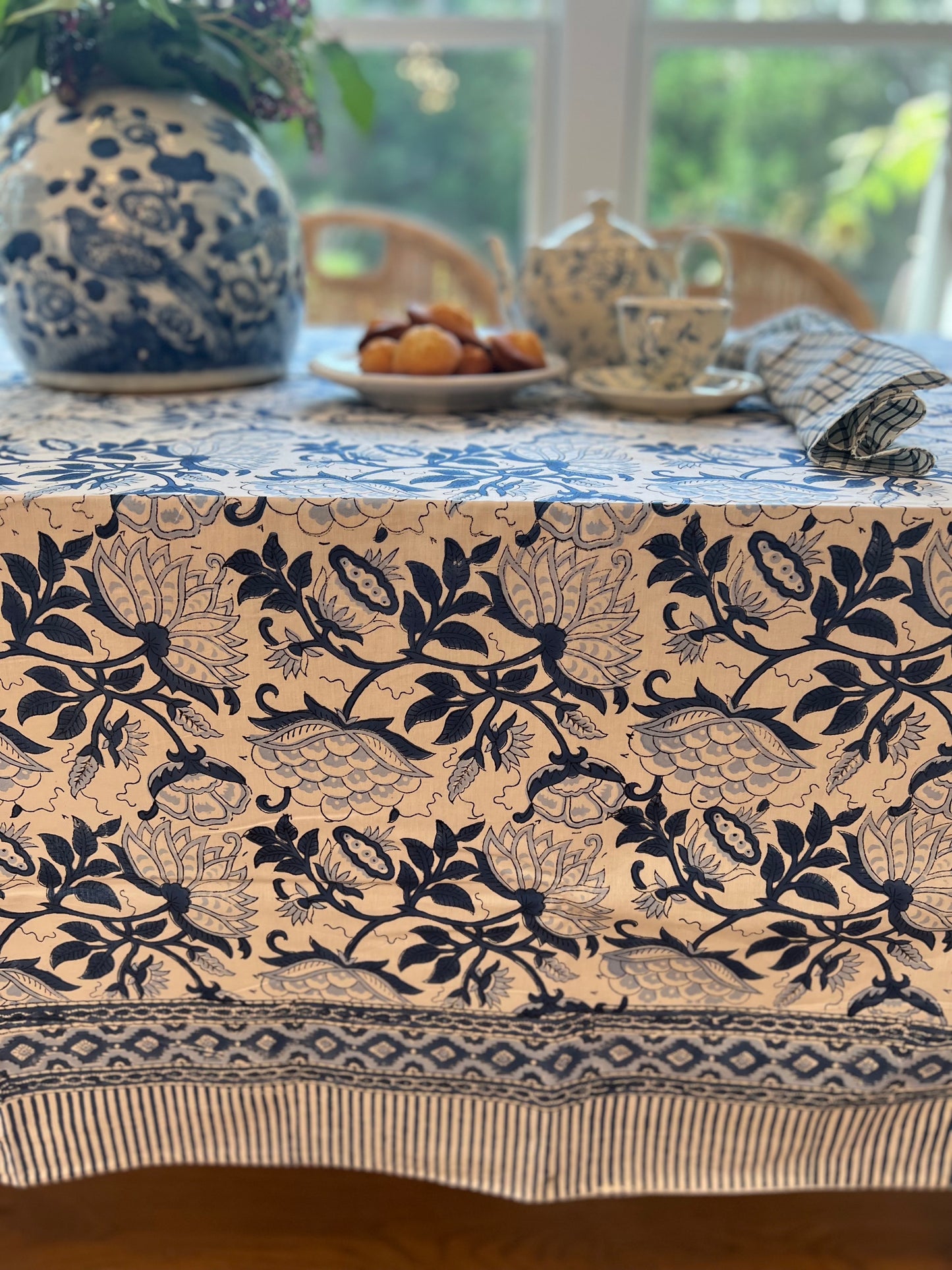 Chatham Blue Floral Block Print Tablecloth (Large)