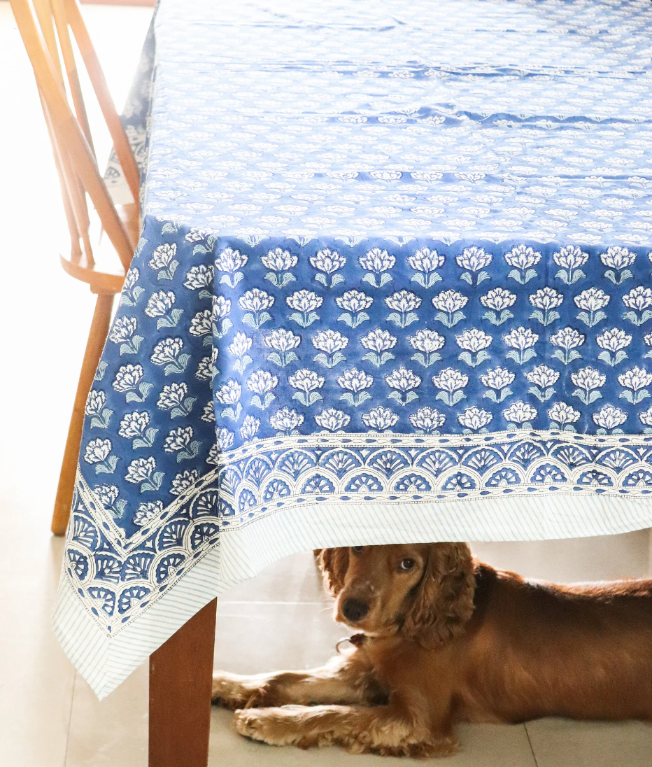 Hyannis Blue Floral Block Print Tablecloth (Large)