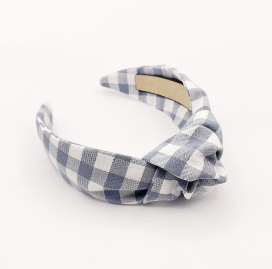 Handmade Slate Blue Gingham Plaid Knotted Headband For Women