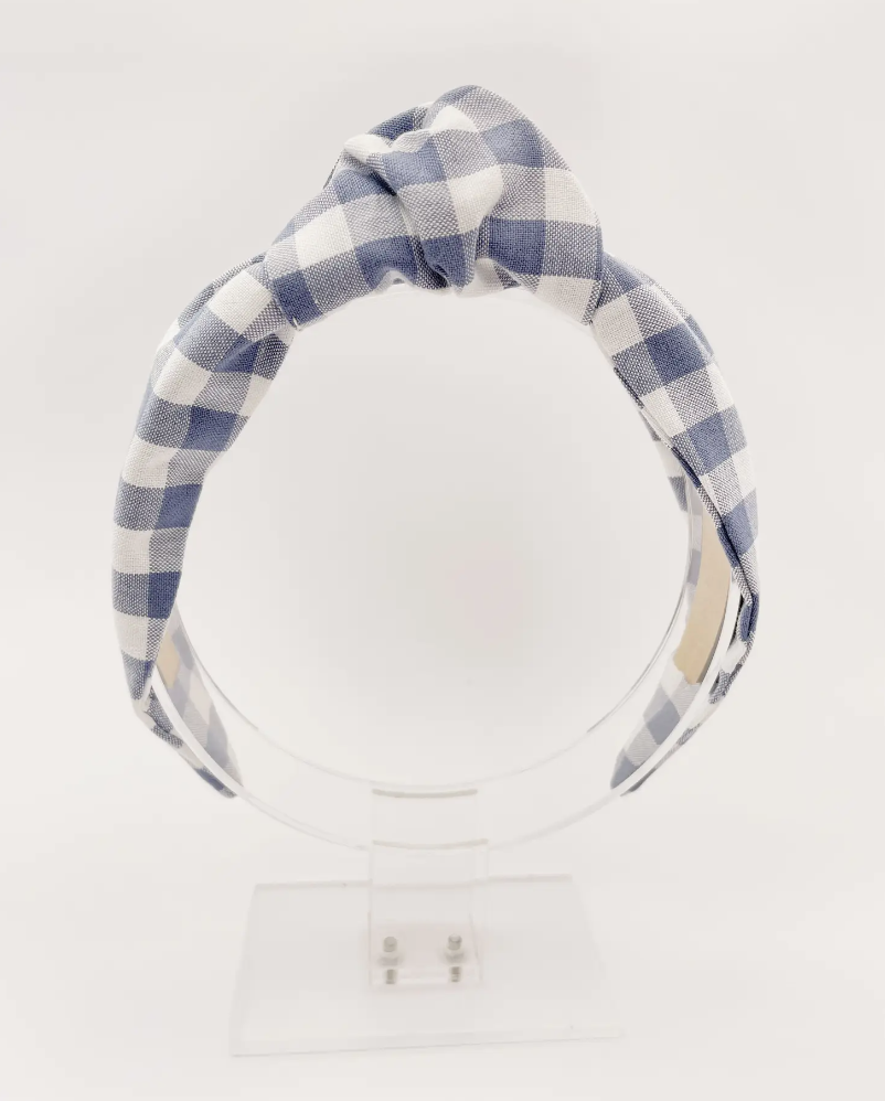 Handmade Slate Blue Gingham Plaid Knotted Headband For Women