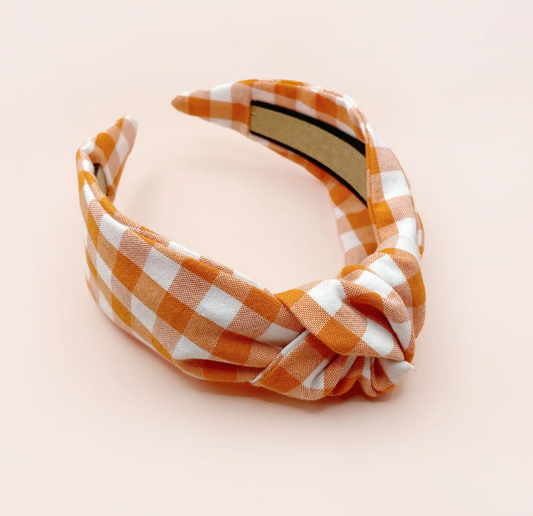 Orange and White Gingham Plaid Knotted Headband