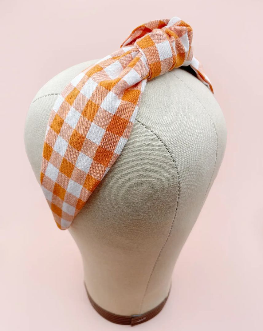 Orange and White Gingham Plaid Knotted Headband