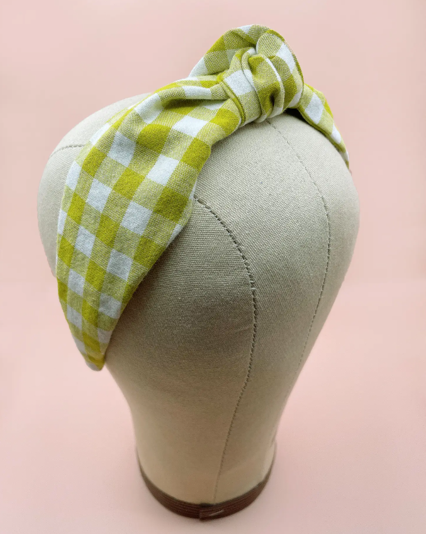 Preppy Knotted Headband With Green And White Gingham Plaid